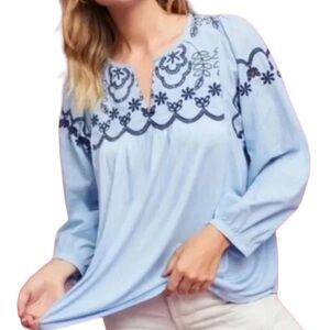 Anthropologie One September Blue Paulette Embroidered Eyelet Peasant Top NWOT